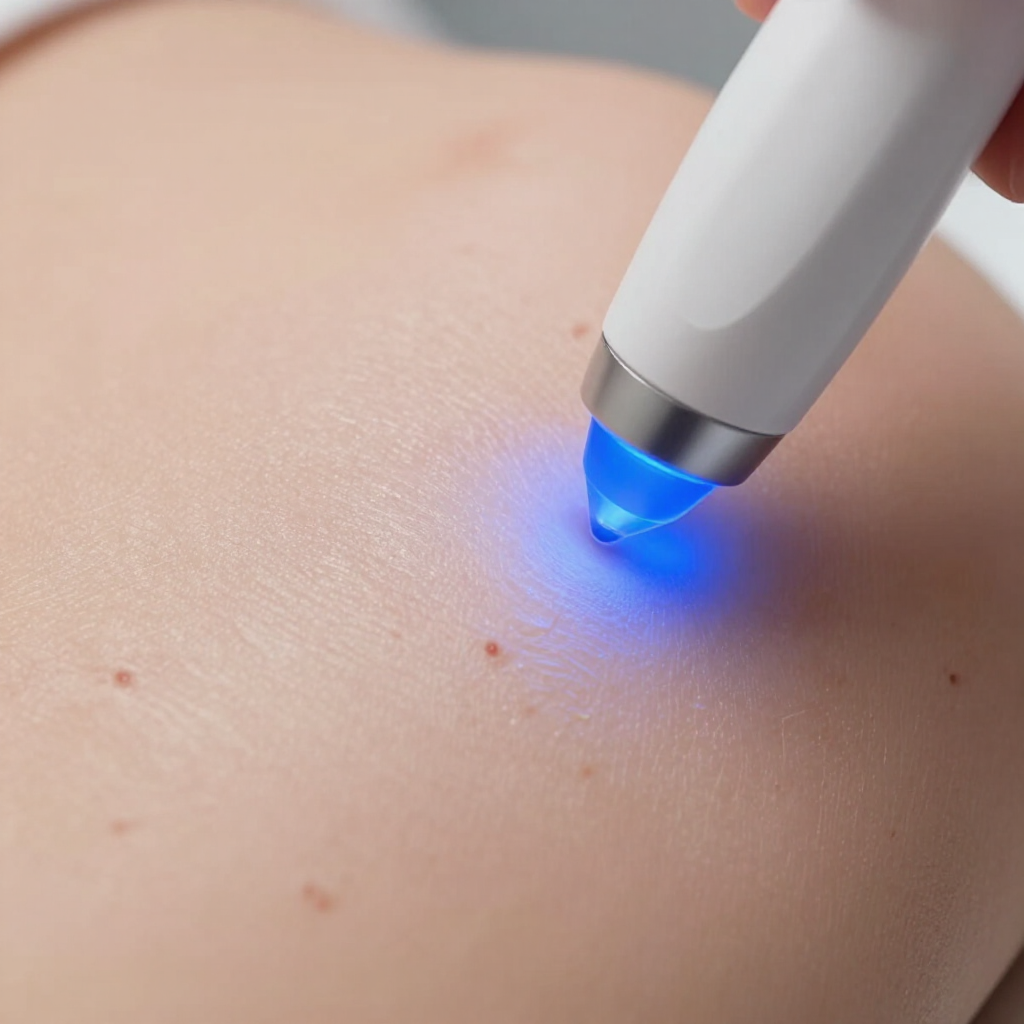 Primer plano de un dispositivo portátil de luz azul para el tratamiento de la piel.