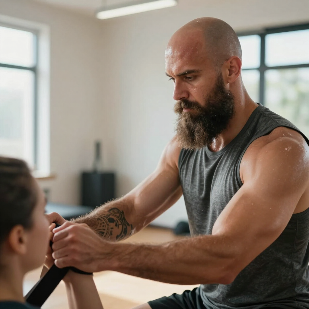 Hombre con camiseta sin mangas gris haciendo ejercicio con bandas de resistencia en un gimnasio luminoso.
