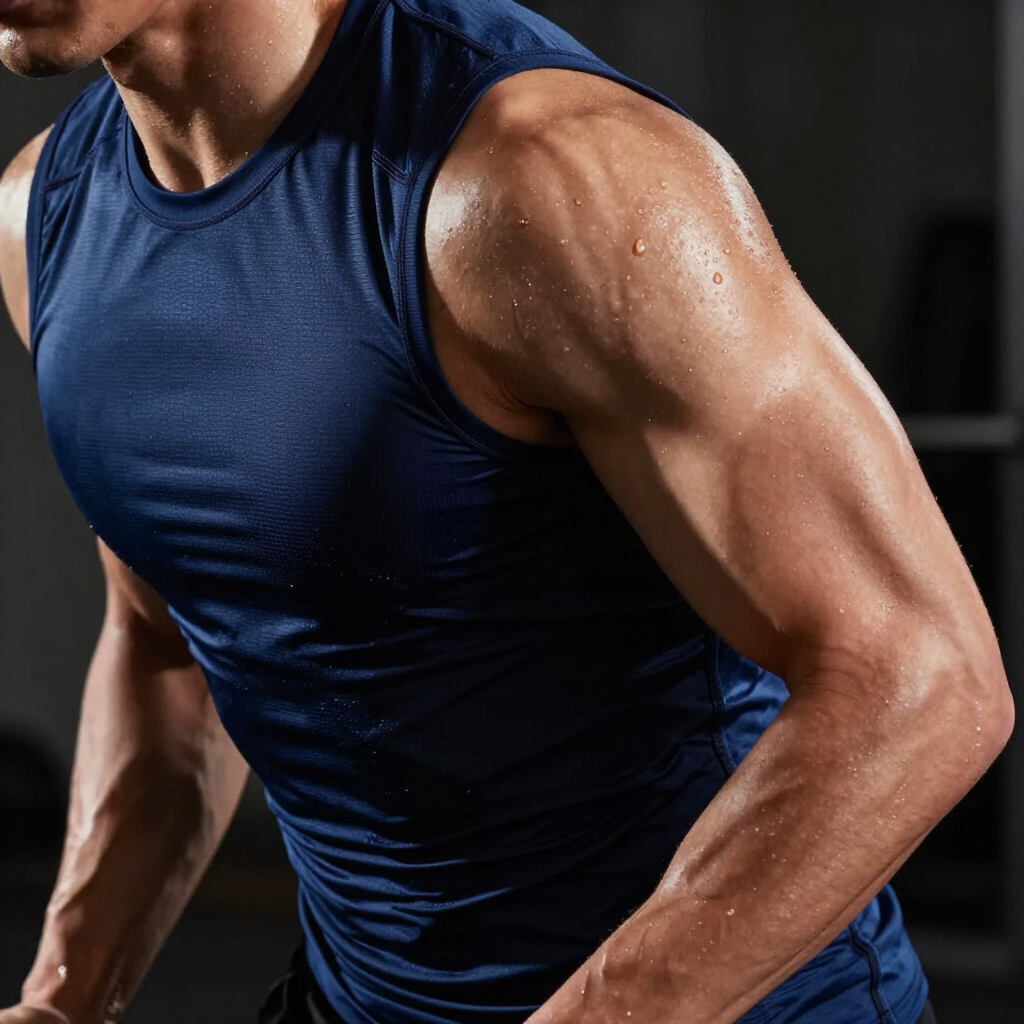 Persona atlética con una camiseta azul sin mangas que deja ver un brazo y un hombro musculosos, con sudor visible.