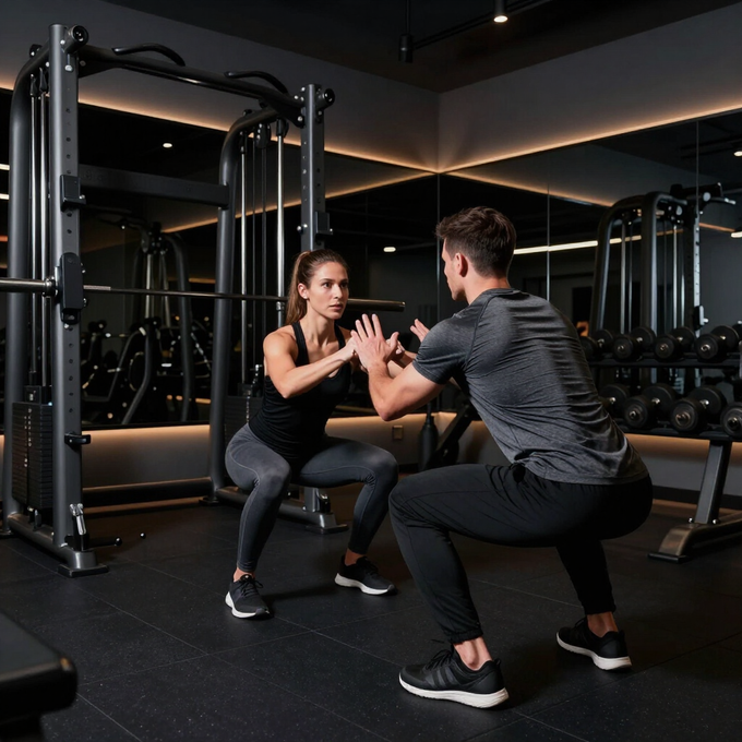 Dos personas realizando un ejercicio de sentadillas una frente a la otra en un gimnasio moderno.