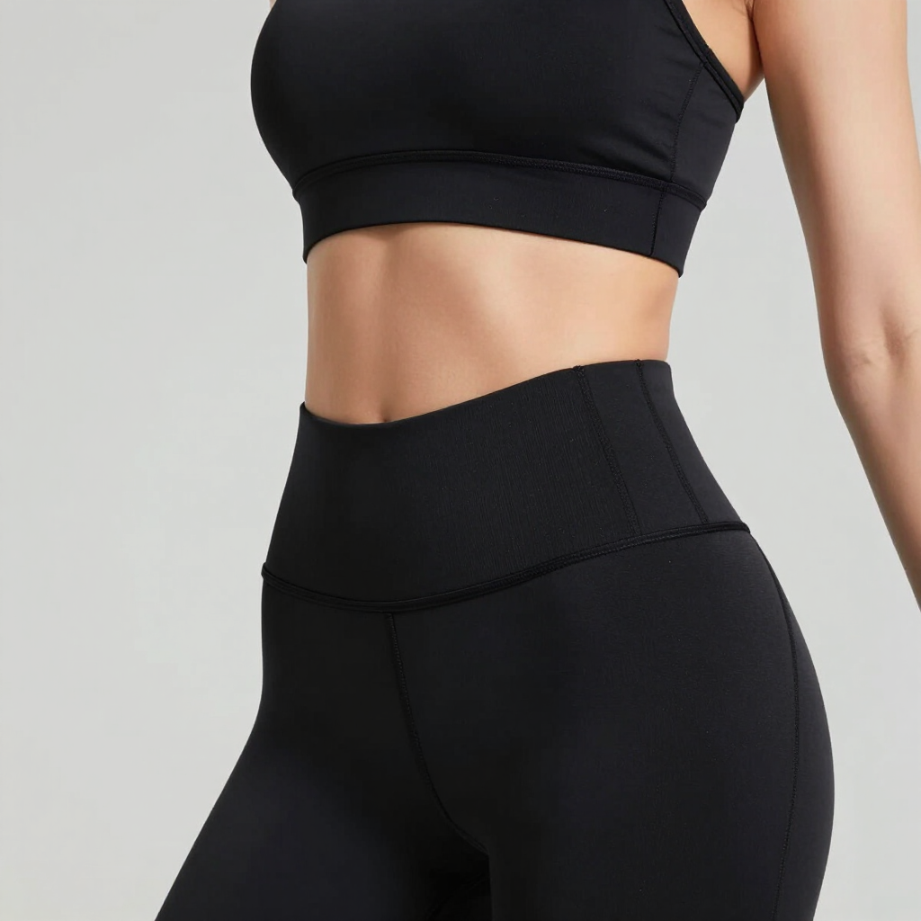 Sujetador deportivo negro y leggings de talle alto sobre fondo gris.