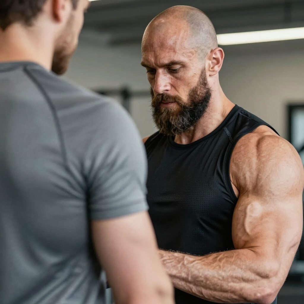 Dos hombres en un gimnasio, uno flexionando el brazo mientras el otro lo mira y conversa.