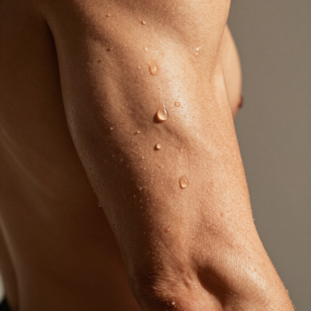 Primer plano de un brazo mojado con gotas de agua en la piel.