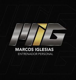 Logotipo con las letras metálicas “MIG” y detalles dorados, con las inscripciones “Marcos Iglesias” y “Entrenador Personal”.