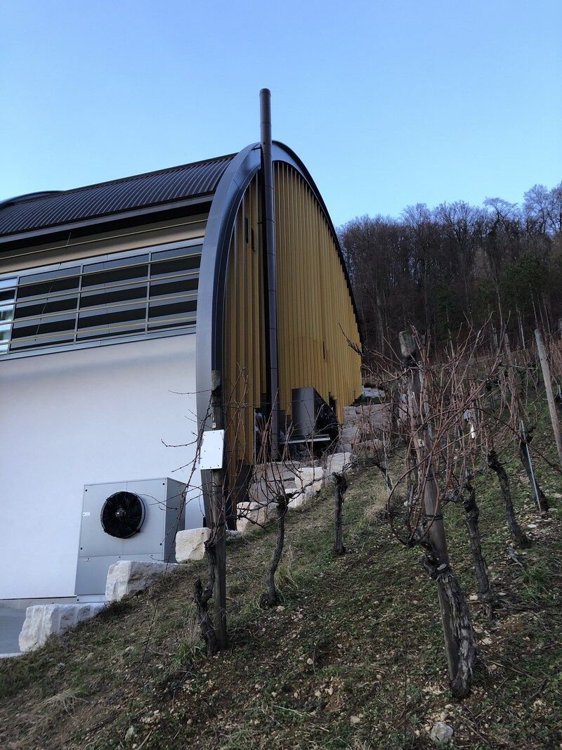 Auf einem Hügel neben einem Weinberg steht ein Gebäude.