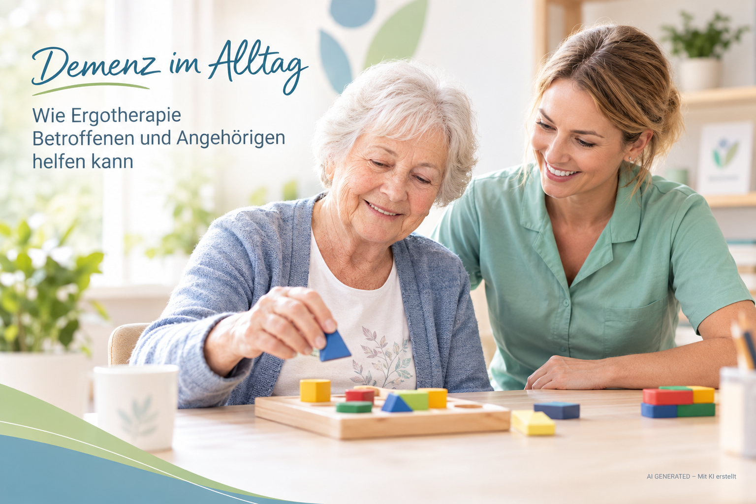 Titelbild „Demenz im Alltag“: Eine ältere Frau legt mit einer Ergotherapeutin Holzformen (KI-generiertes Bild)