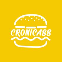 Una hamburguesa con la palabra cronicass sobre un fondo amarillo.