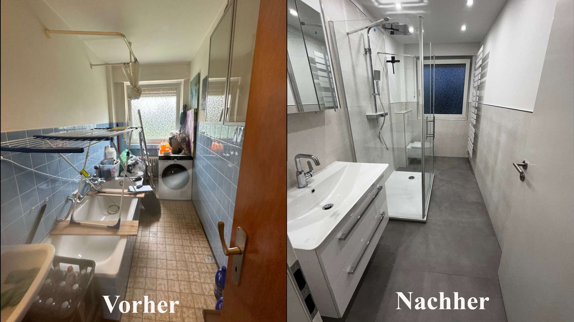 Es gibt ein Vorher-Nachher-Bild eines Badezimmers.