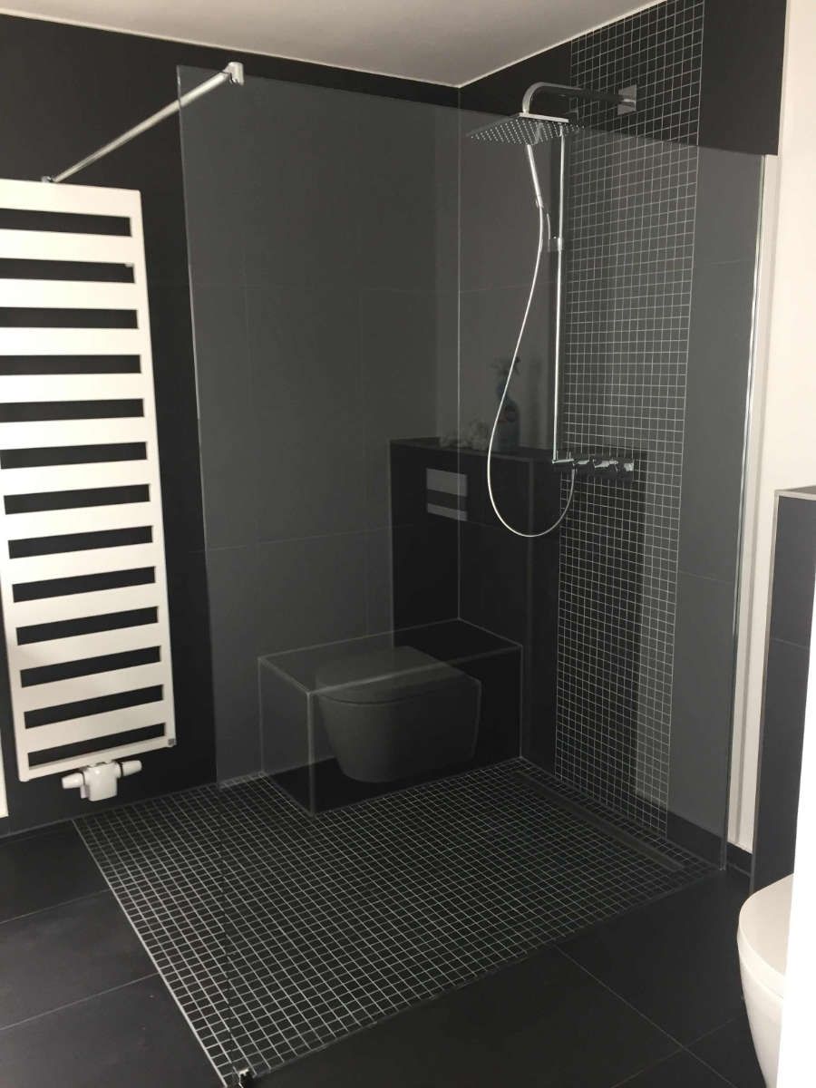 Ein Badezimmer mit ebenerdiger Dusche und Toilette.