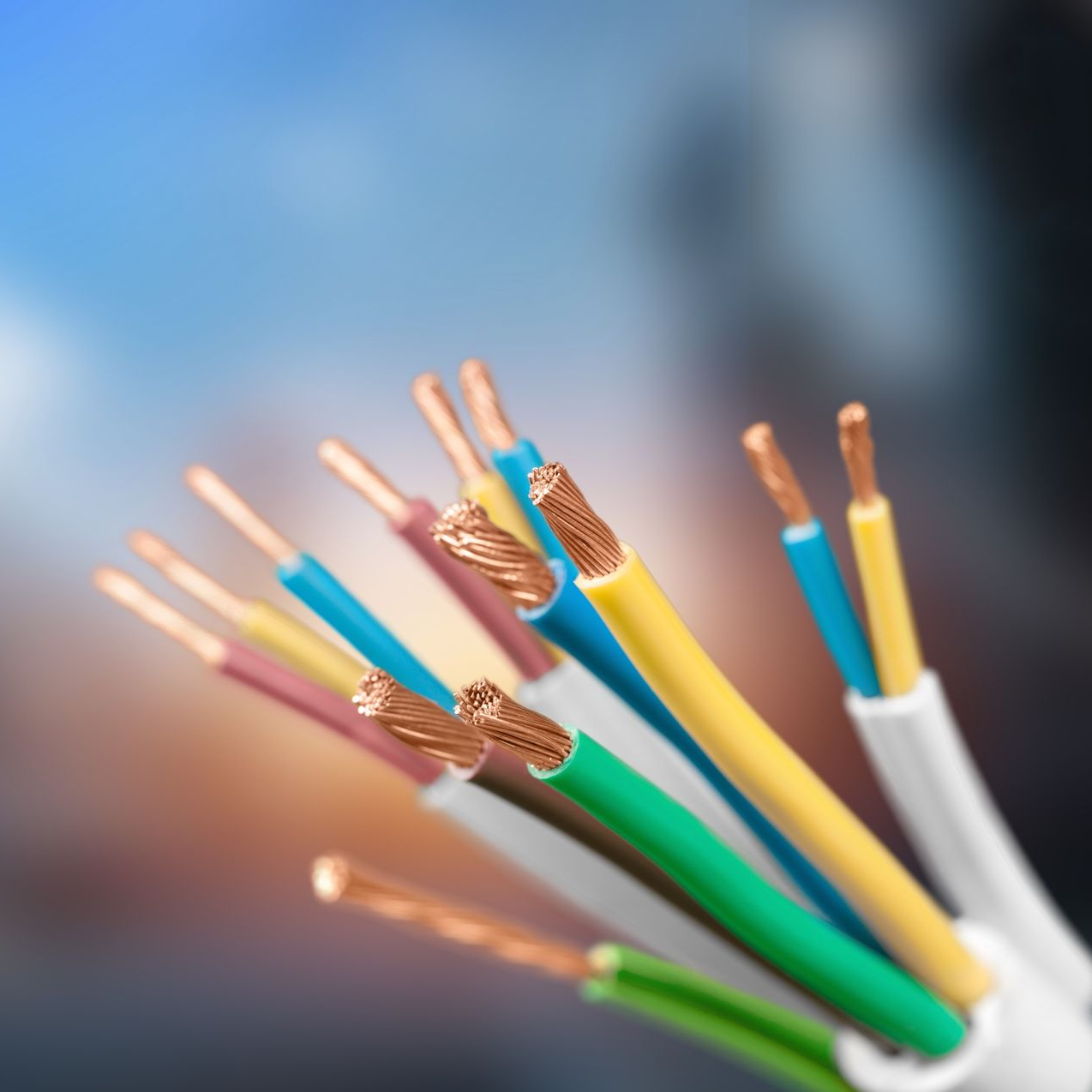 Fils électriques colorés avec extrémités en cuivre apparentes sur un fond bleu flou.