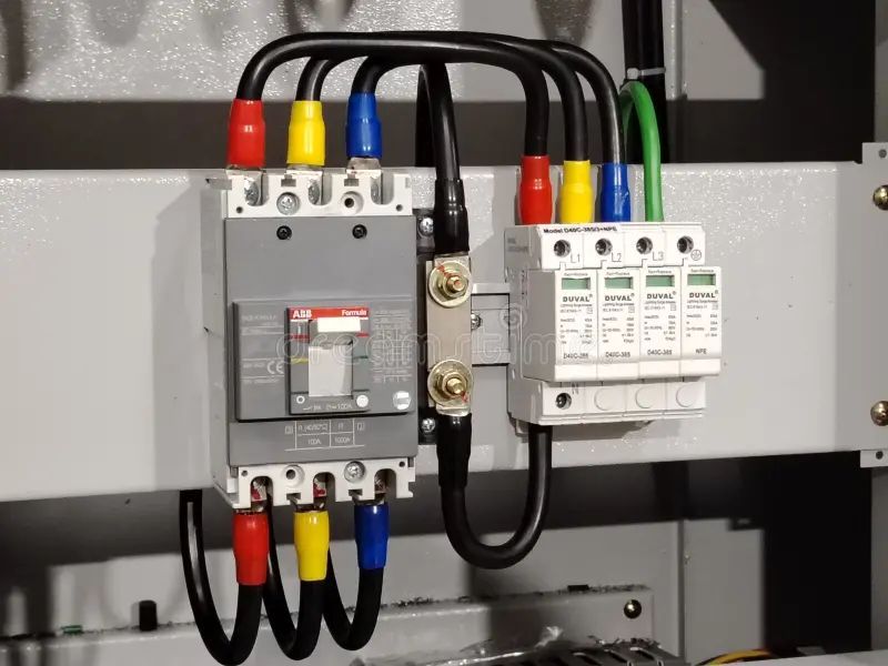 Tableau électrique avec disjoncteurs et fils de couleur, monté sur un boîtier métallique gris.