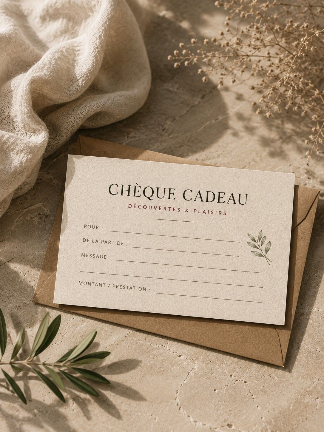Carte cadeau sur une table beige avec du tissu, de la verdure et des paillettes éparses ; texte français « Chèque cadeau ».