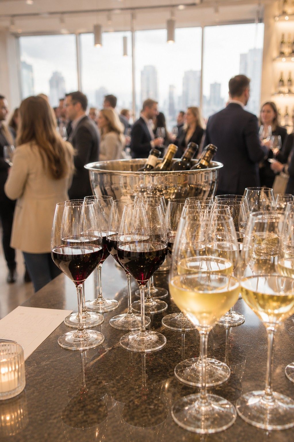 Des verres à vin sur une table lors d'une réception animée en intérieur, les invités se mêlant en arrière-plan.