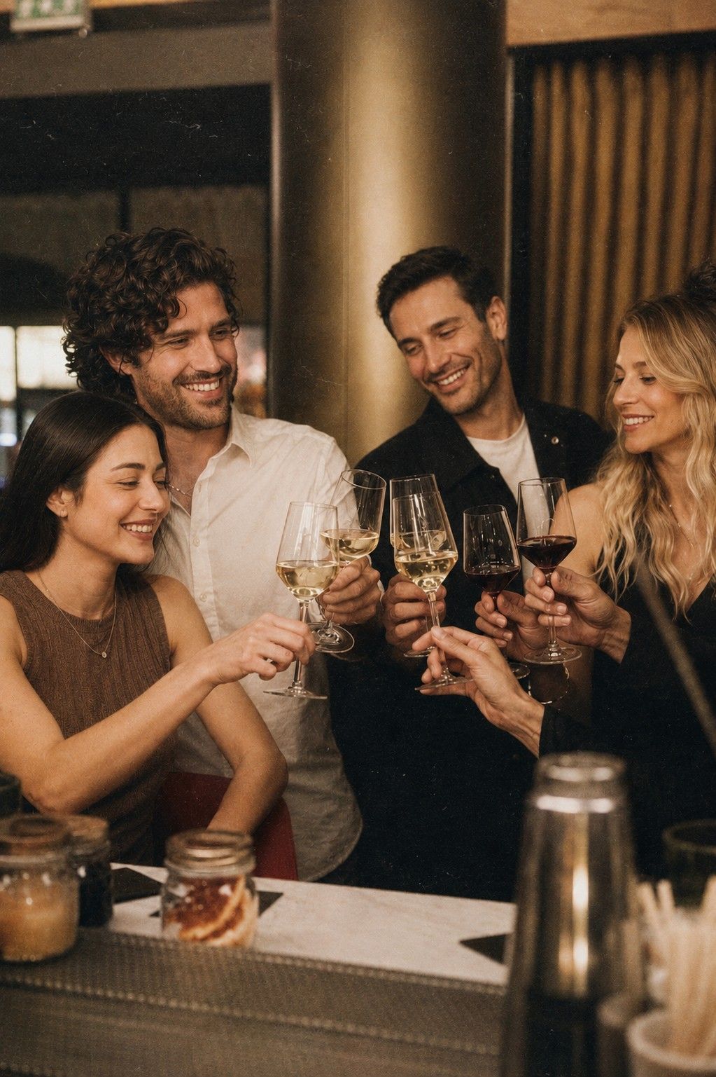 Des amis sourient et trinquent dans un bar lors d'une fête