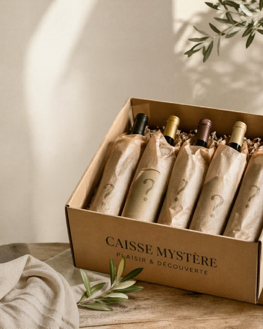 Une caisse de bouteilles de vin emballées, posée sur une table ornée de branches d'olivier et d'une nappe beige.