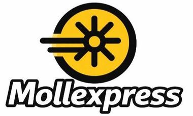 Logotipo de Mollexpress: un círculo amarillo con un icono negro y líneas que indican velocidad, con el texto "Mollexpress"