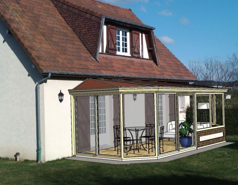 Une véranda vitrée au toit brun, attenante à une maison de couleur claire au toit de tuiles rouges, par une journée ensoleillée.