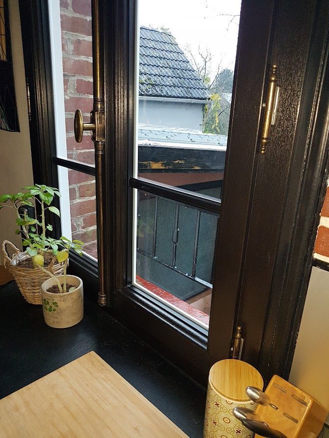 Fenêtre à cadre noir, quincaillerie en laiton, offrant une vue sur les toits et la verdure.