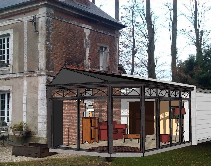 Extension d'une maison en briques : véranda. Structure en métal noir avec panneaux de verre, meublée.