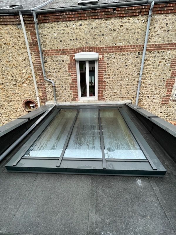 Puits de lumière sur un toit plat avec un mur de briques en arrière-plan ; une fenêtre est visible au-dessus.