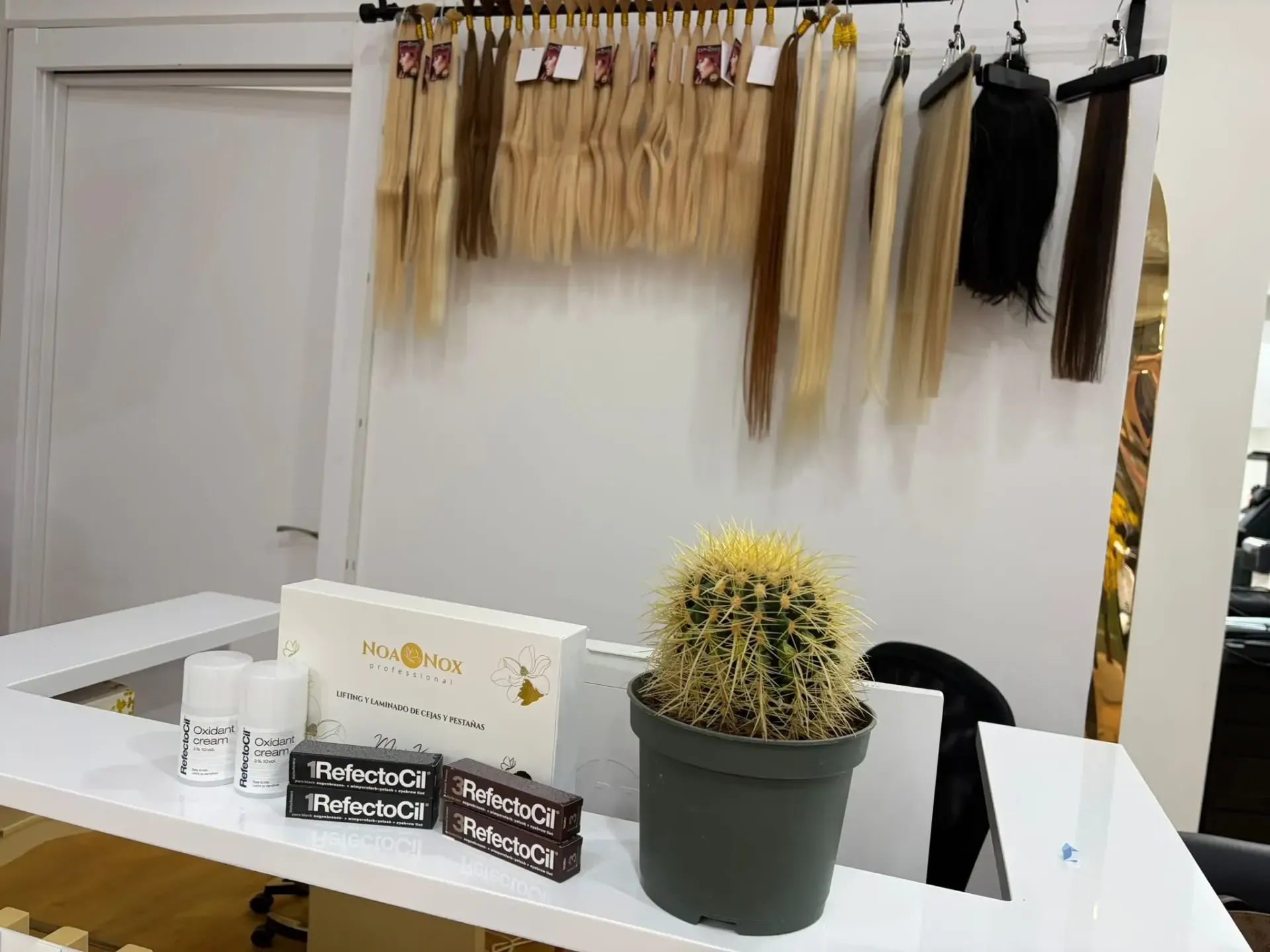 Un mostrador de salón con extensiones de cabello colgadas, un cactus y cajas de productos.