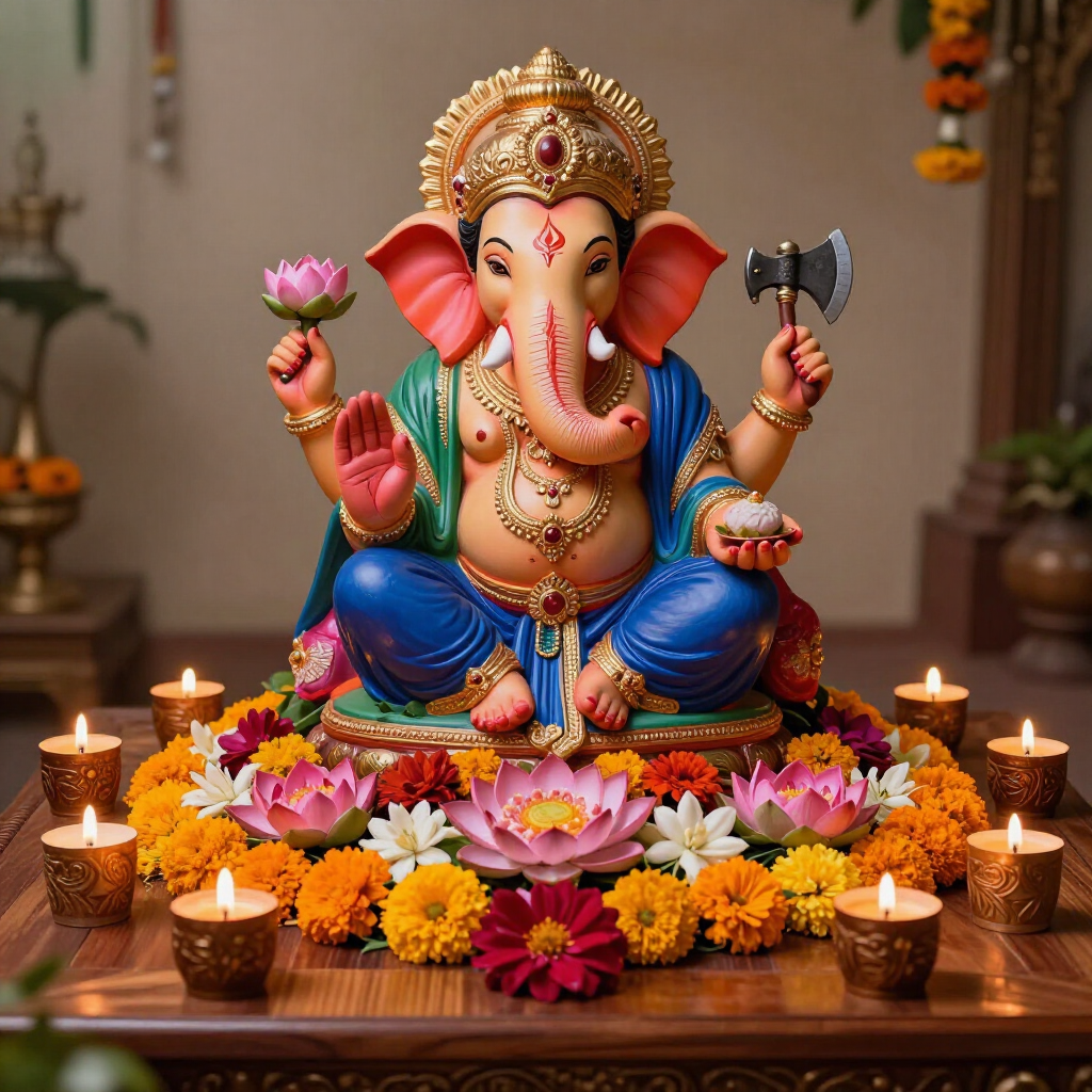 Ídolo de Ganesha en un altar decorado con flores, velas y ofrendas en un cálido santuario interior.