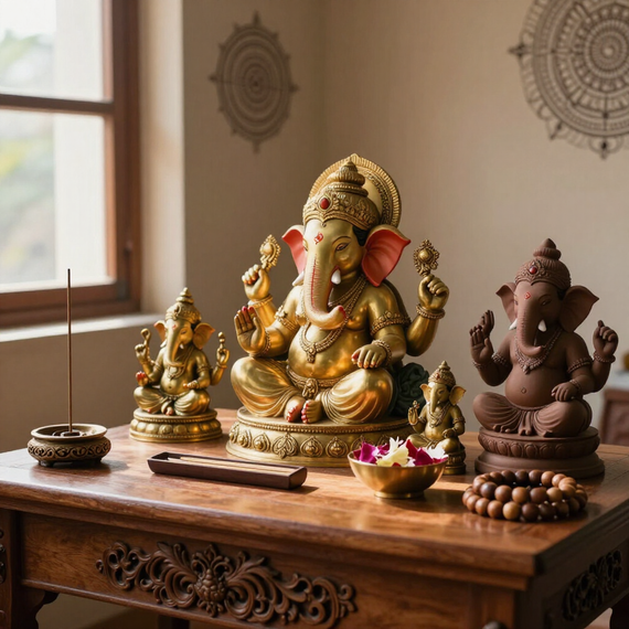 Estatuas y adornos de Ganesha dispuestos en un altar de madera tallada junto a una ventana iluminada por el sol.