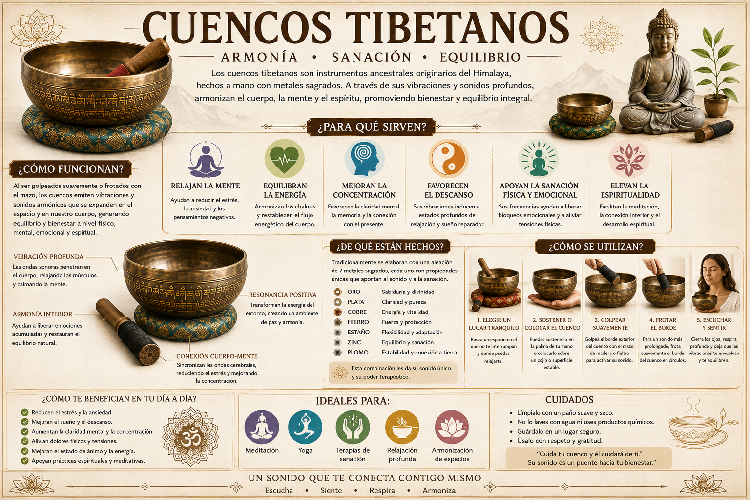 Infografía en español sobre cuencos tibetanos, con fotos, símbolos, beneficios, usos y tipos de cuencos.