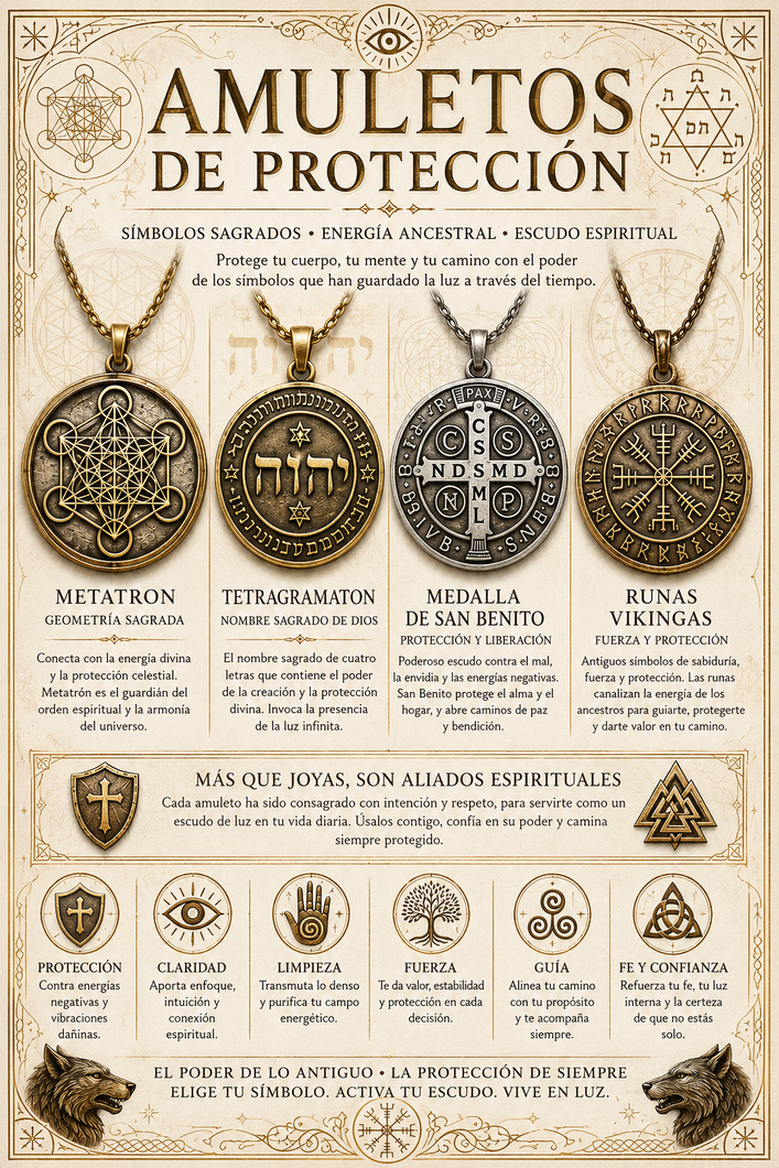 Cartel español con cuatro amuletos protectores de oro en cadenas, titulado “Amuletos de Protección”.