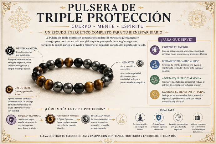 Pulsera de triple protección de cuentas negras y doradas, con texto explicativo sobre sus beneficios.