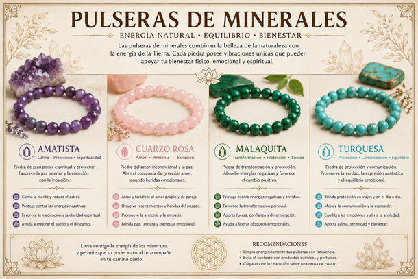 Cartel beige de pulseras de minerales con fotos y descripciones de amatista, cuarzo rosa, malaquita y turquesa.