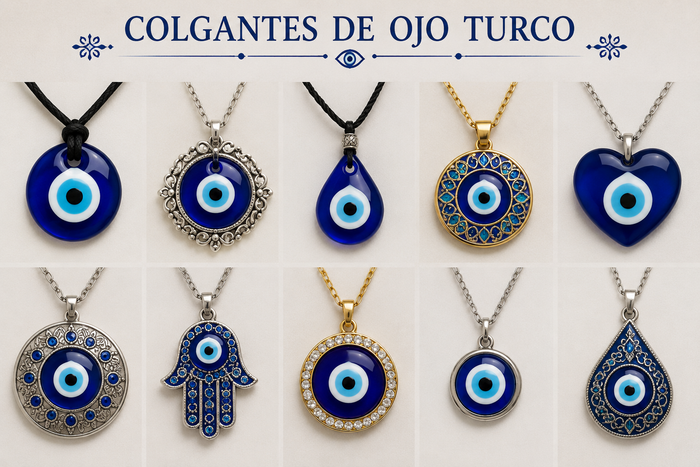 Variedad de collares con colgante de ojo turco azul con el texto “COLGANTES DE OJO TURCO”