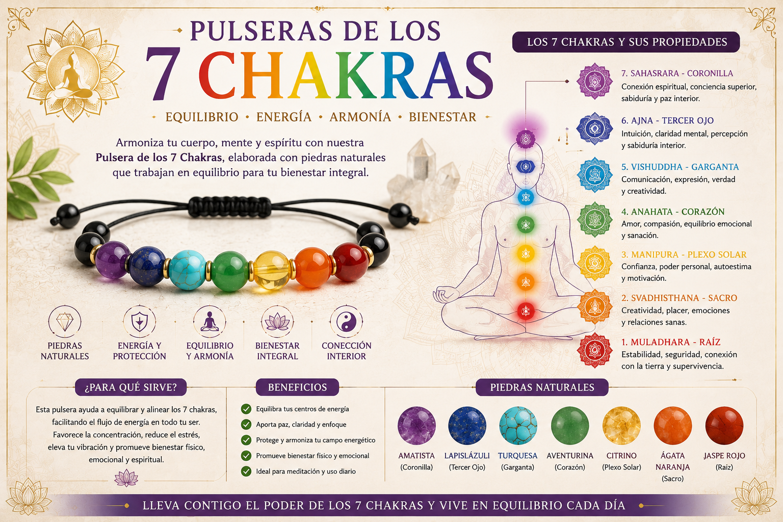 Infografía en español sobre pulseras de los 7 chakras, con colores y piedras asociadas.
