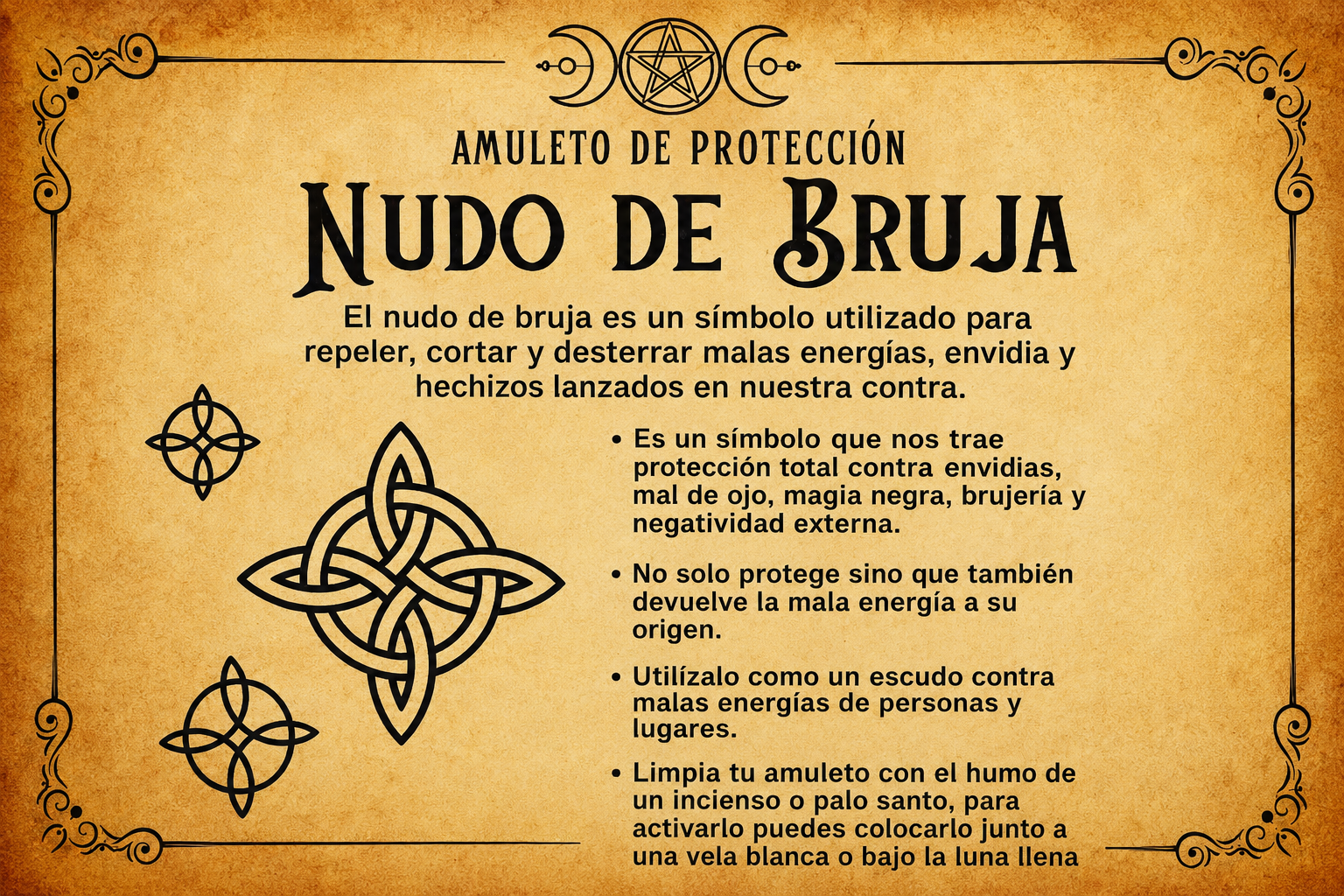 Cartel beige en español sobre el “Nudo de Bruja”, con nudo celta negro y texto explicativo.