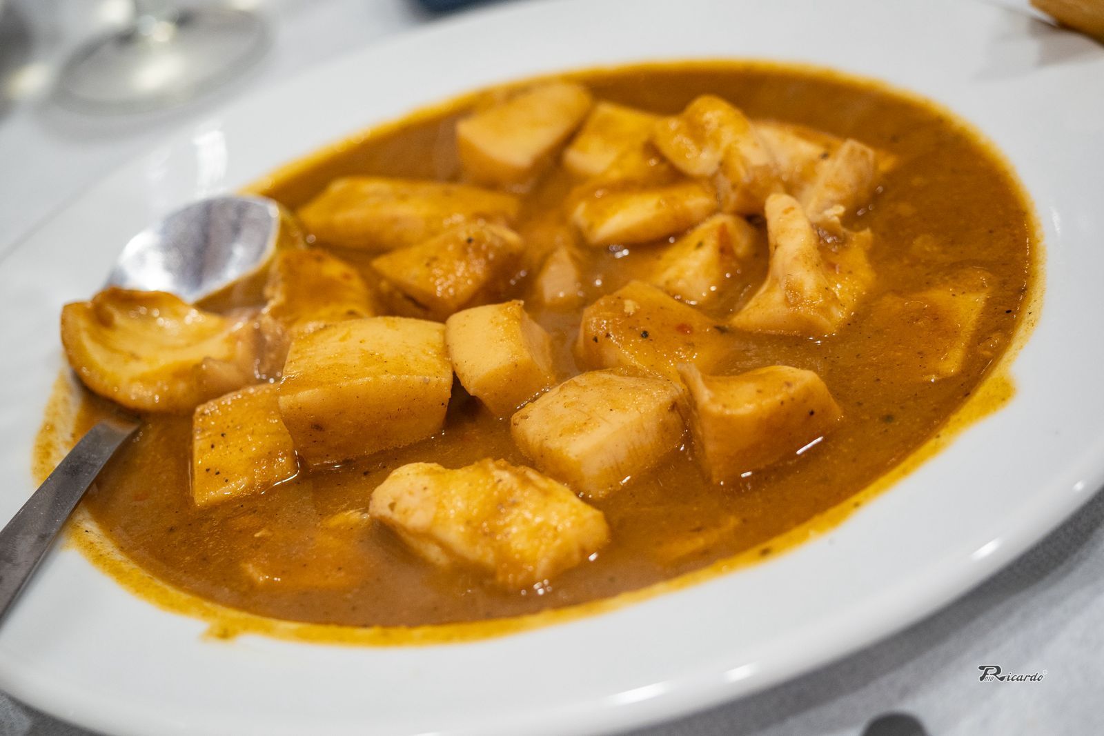 Comida guisada en salsa marrón servida en un plato blanco con una cuchara.
