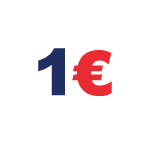 Le chiffre « 1 » en bleu suivi du symbole Euro en rouge.