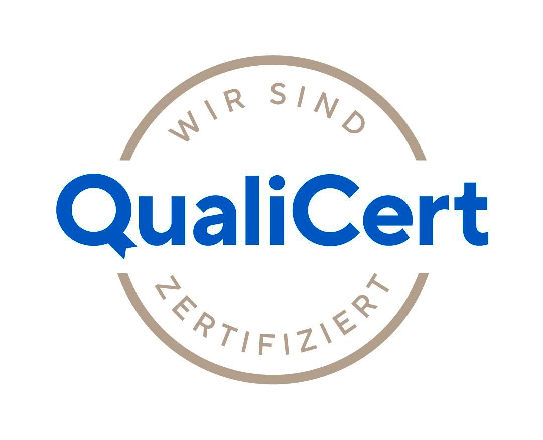 QualiCert certification logo with blue text on a beige circle: