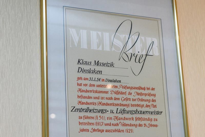 Meisterbrief | Heizung & Sanitär | Klaus Maseizik GmbH | Wir werden Ihnen helfen! | Dinslaken