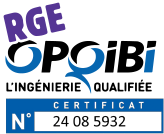 Logo RGE Opqibi, l'ingénierie qualifiée, certificat N° 24 08 5932.