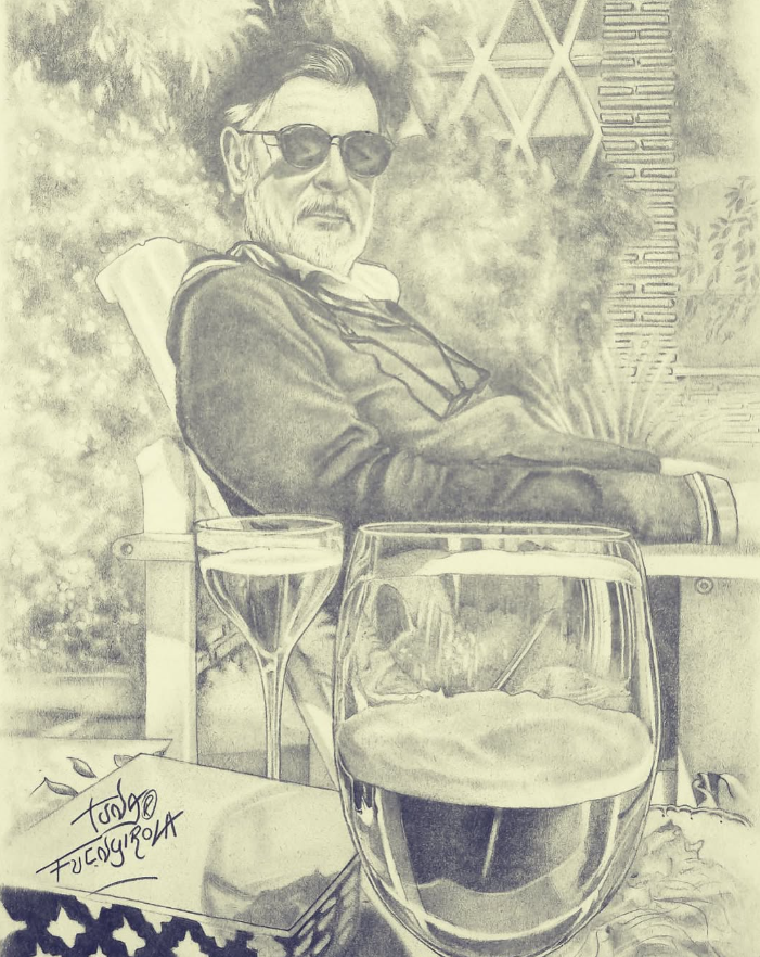 Dibujo a lápiz de una persona sentada con gafas de sol, junto a un vaso con una bebida sobre una mesa y una vela detrás.