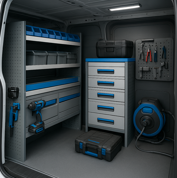 Innenraum eines weißen Lieferwagens mit maßgefertigten Regalen, Lagermöglichkeiten und grauem Bodenbelag.