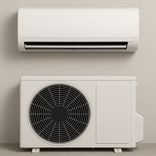 Fujitsu-Klimaanlage, installiert in der Nähe des Fundaments eines Hauses, umgeben von Felsen.