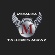 Logotipo de Mecánica Talleres Miraz con una “M” roja y alas plateadas sobre fondo oscuro.