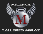 Logotipo de taller mecánico con emblema alado plateado y M roja, que dice “MECANICA TALLERES MIRAZ”