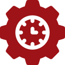 Icono de engranaje rojo con un símbolo de reloj blanco en el centro.