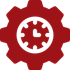 Icono de engranaje rojo con un símbolo de reloj blanco en el centro.