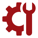Icono de engranaje y llave inglesa rojos sobre fondo blanco