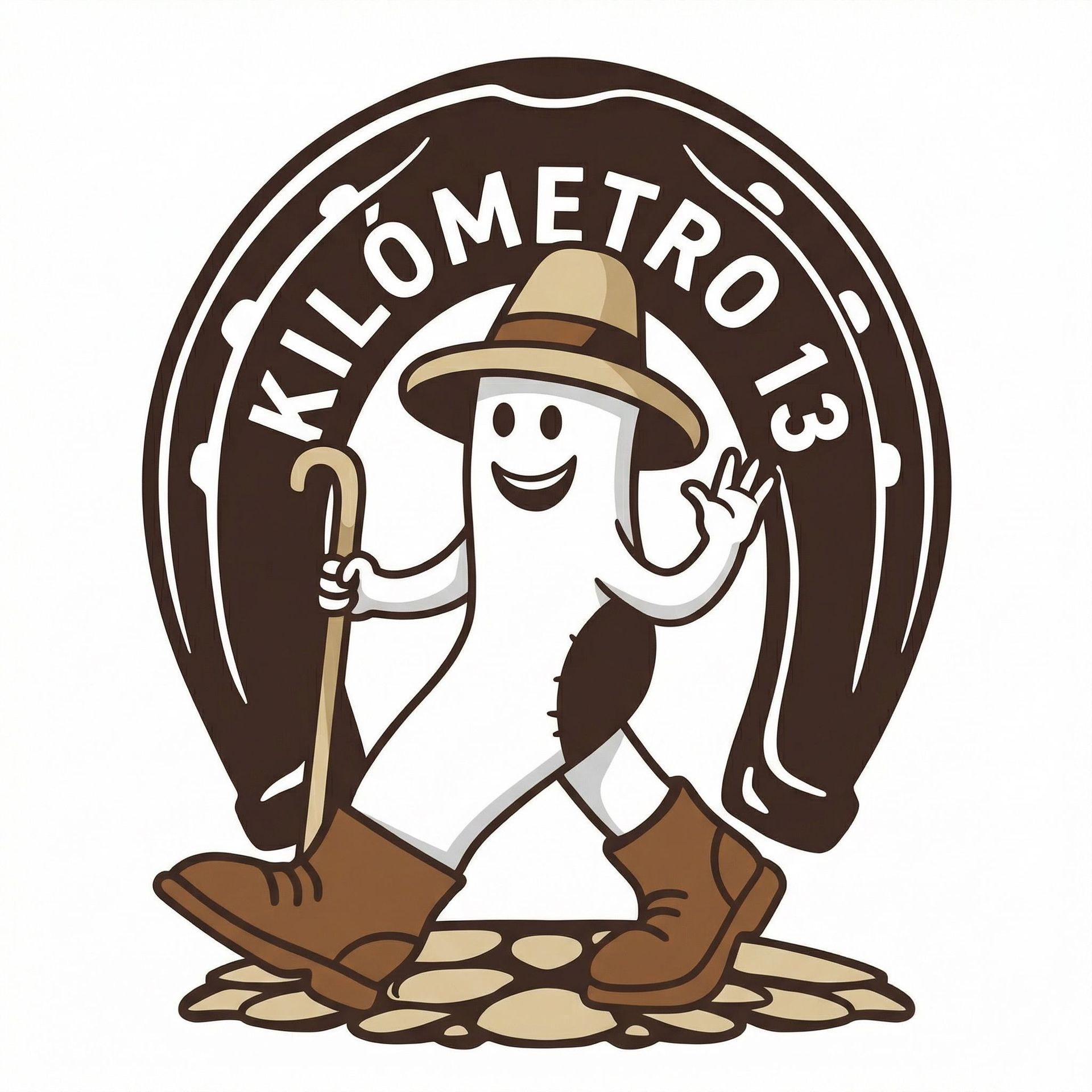 Logotipo de Kilometro 13 con un excursionista de dibujos animados sonriente, con sombrero, botas y bastón