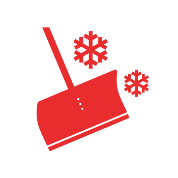 eine rote Schneeschaufel mit zwei Schneeflocken darauf .