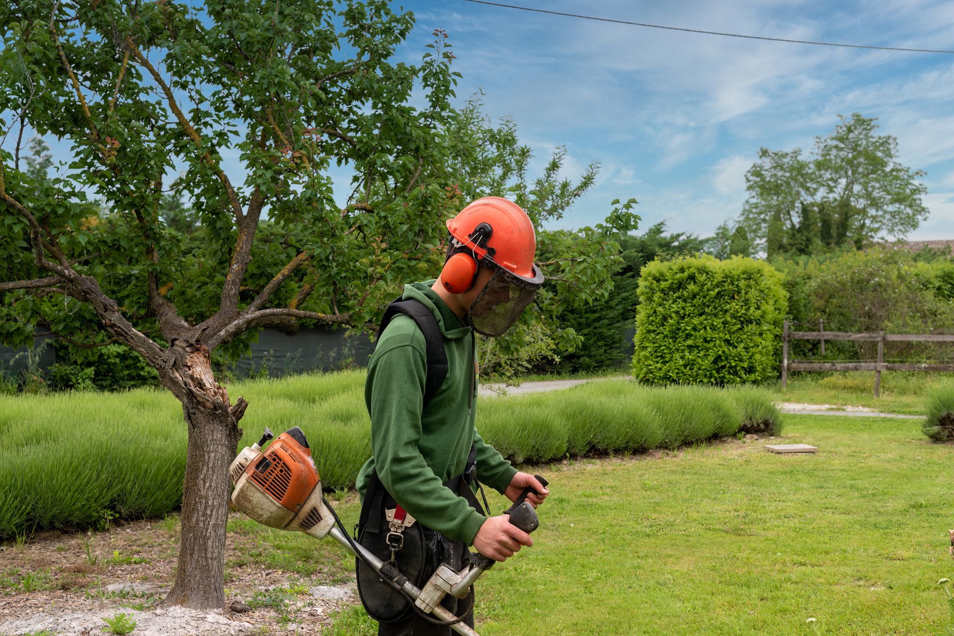 Paysagiste de profil avec un casque orange